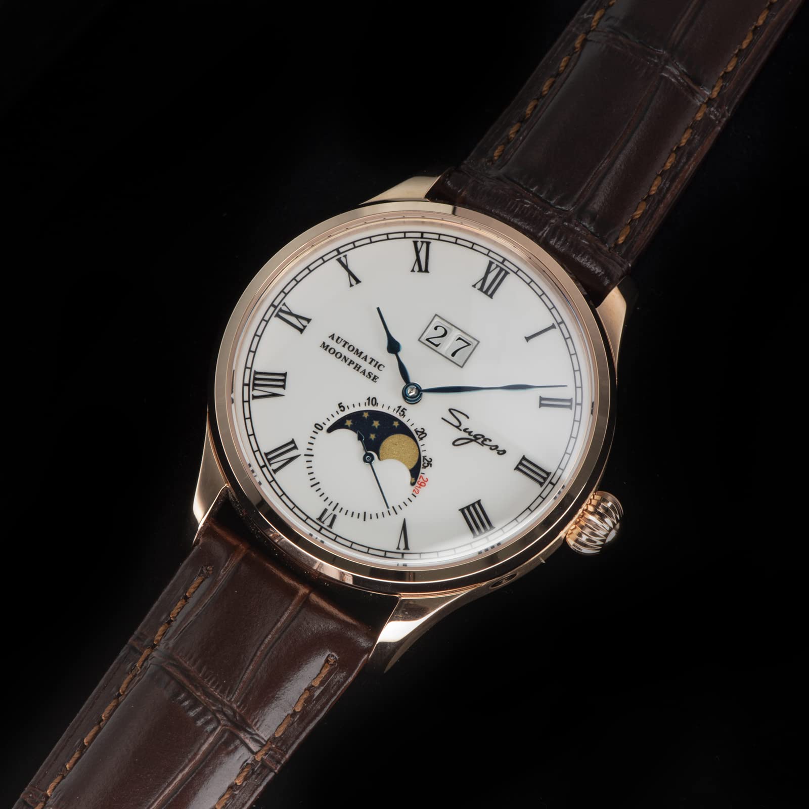SUGESS Seagull ST2528 Automatik Mondphase Saphir Roségold 1963 BNIB, (SSMP015)