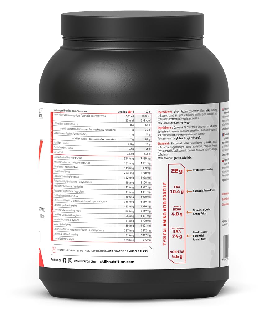 SKILL Nutrition Whey Protein | Protéine de Lactosérum | 23g Protéines par Portion | Haute Solubilité & Profil Riche en Acides Aminés | 700g | Saveur Milkshake Fraise