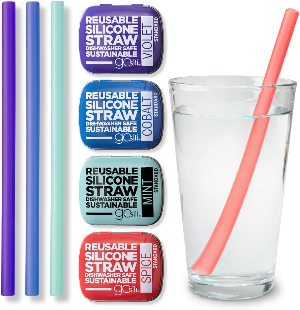 GoSili Reusable Silicone Straws, Reusable Silicone Travel Straw with Case, Flexible, Collapsible Straws for Tumblers Dishwasher Safe, No-brush Needed, 4pk