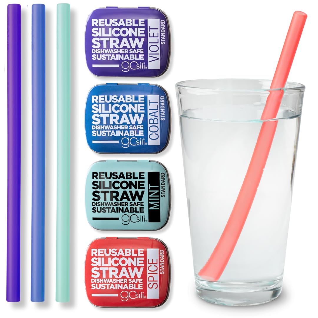 GoSili Reusable Silicone Straws, Reusable Silicone Travel Straw with Case, Flexible, Collapsible Straws for Tumblers Dishwasher Safe, No-brush Needed, 4pk