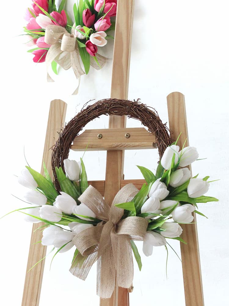 INIFLM 16 inch kunsttulpenkrans, lentebloemkrans met linnen strik, voordeur tulp rotan krans voor thuis bruiloft decor (roze