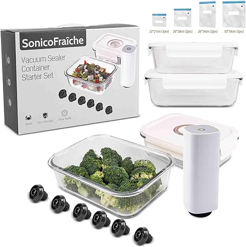 SonicoFraîche Juego de iniciación de máquina selladora al vacío con sellador de batería eléctrico automático, recipientes de alimentos de vidrio al disponible en Yaxa Peru