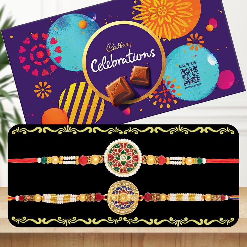 Image of Canton Rakhi Combo Gift Hamper Pack of 2 Rakhi For Brother With Chocolate, Rakhi With Cadbury, Greeting Card & Roli Tilak (Design-3, 2 Rakhi With Celebration)