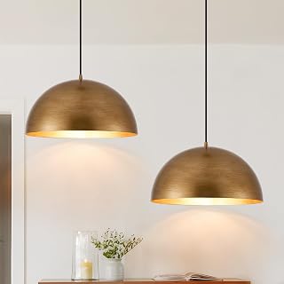 Ludil 16" Gold Dome Pendant Lights 2-Pack - Modern Farmhouse Adjustable Hanging Lamps for Kitchen Island, Dining Room, Bar