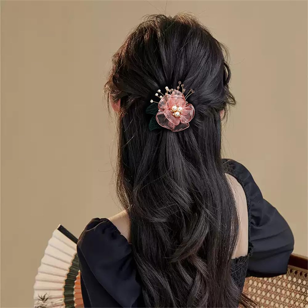 Dainty Mesh Shell Pearl Flower Brooch Pin for Women Girls Fashion Fabric Green Leaf Crystal Acrylic Ball Bead Peony Lapel Hair Pins Dainty Anniversary Christmas Party Dress Accessories Jewelry - Image 3