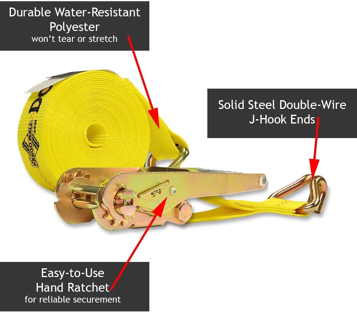2 Tie-Down Ratchet Straps J-Hooks, 2 Heavy Duty 2" x 27' Tie-Down Ratcheting Cargo Truck Straps Wire Hook Ends, J-Hook Ratchet Strap Tie-Downs