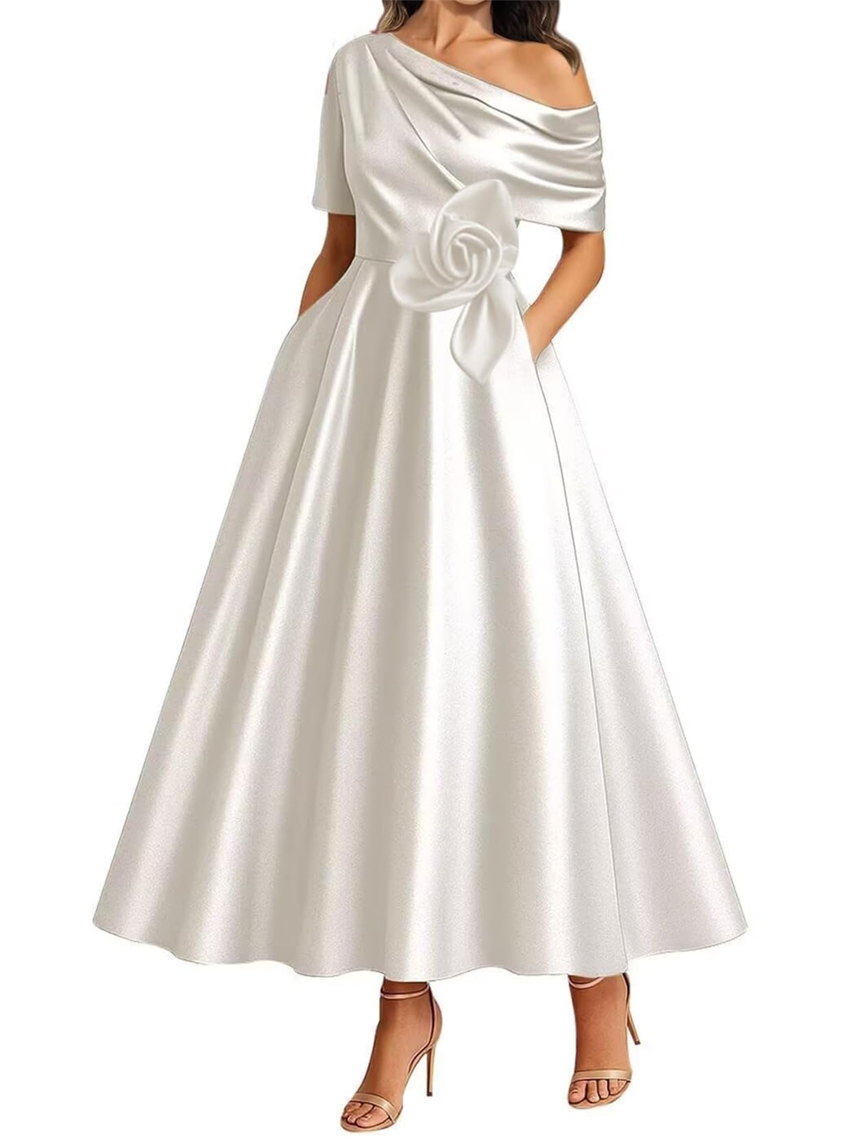 WISIYLE 3D Flower Bridesmaid Dresses Cap Sleeve Prom Mother of The Bride Dress One Shoulder Wedding Formal Gowns WQL008 Ivory UK16