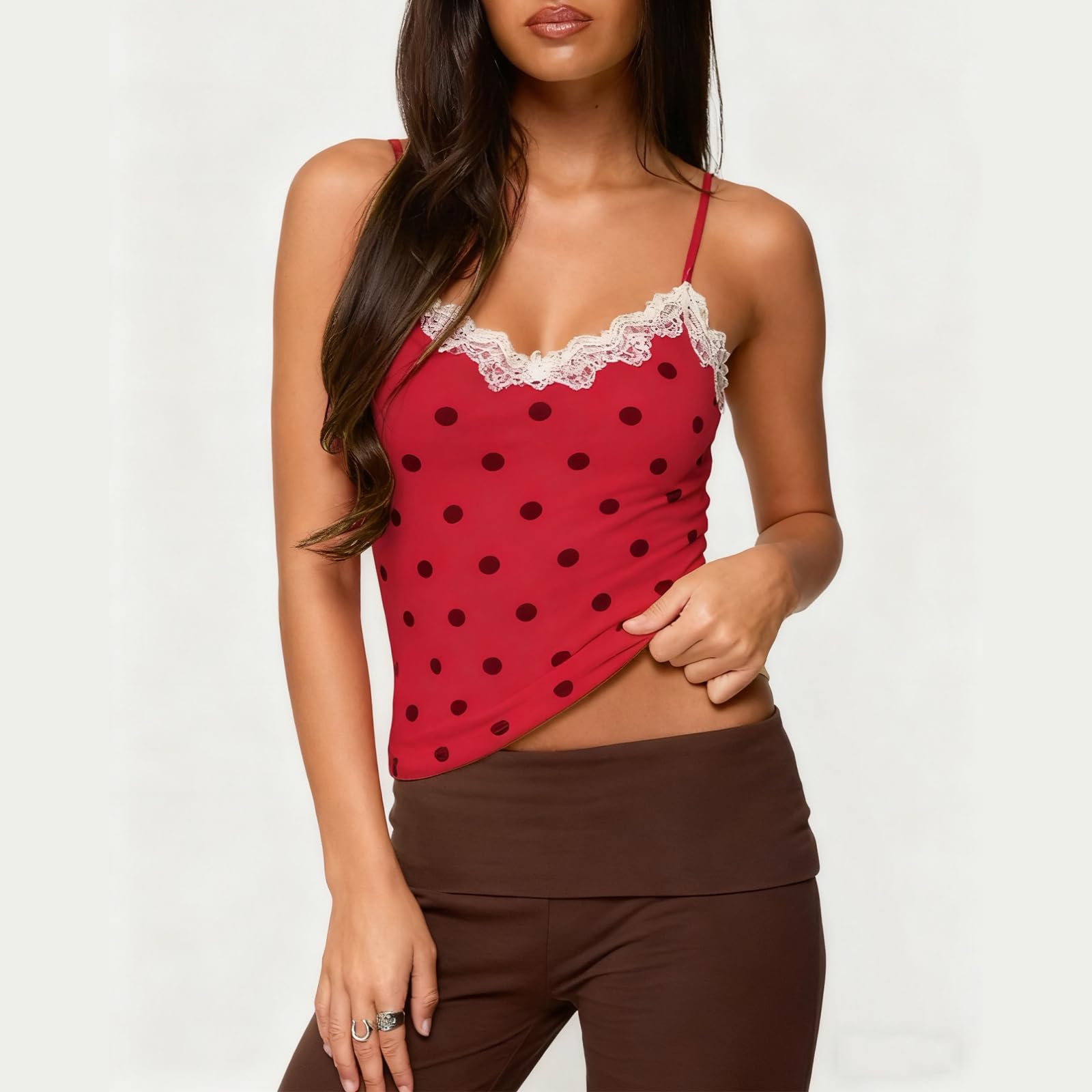 Sexy Outfit Top de Tirantes Y2K con Encaje de Lunares, Cuello en V, Correa de Espagueti, Ajustado, sin Mangas, para Verano, Casual, para Salir