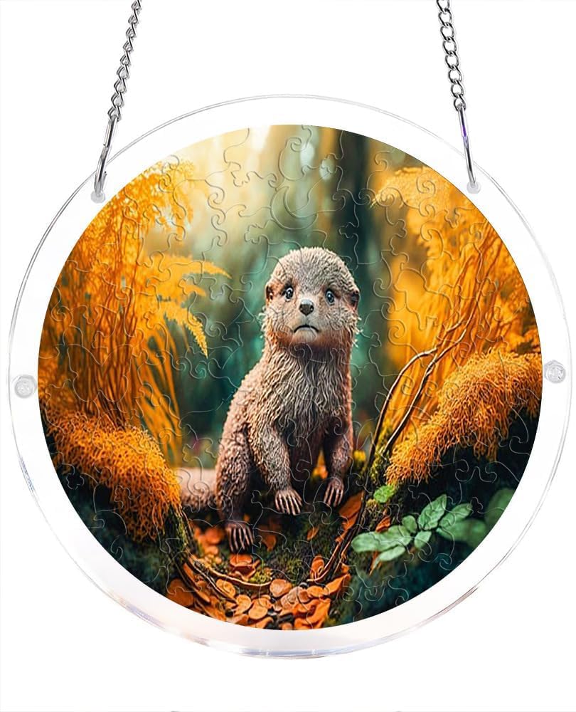 Otter in Autumn Forest Acrylic Jigsaw Puzzles Suncatcher, 8.9 Inch Window Hanging Suncatcher Acrylic Puzzle, DIY Home Decor Art Gift