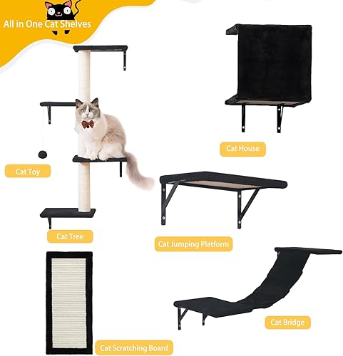 Miniatura 5 de Muebles modernos para gatos montados en la pared, 5 estantes de pared para gatos, escalador de madera incluye casa, puente, árbol, escalones