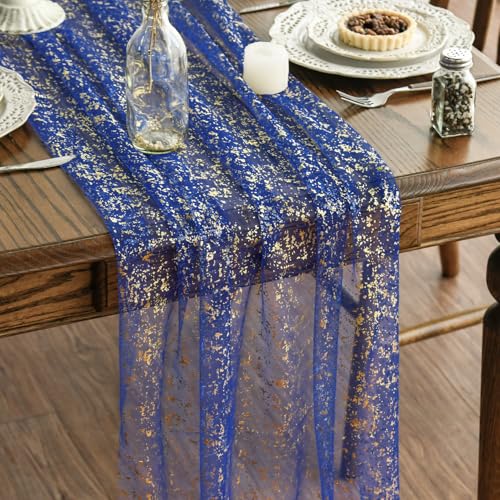 Artoid Mode Blue Gold Gauze Table Runner 120 Inch 10FT Glitter Metallic Foil Sheer Dining Wedding Anniversary Holiday Table Decor for Home Party
