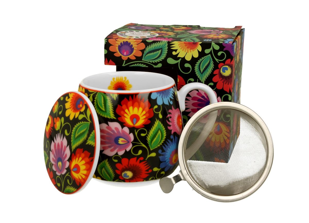 Taste of Poland Polish Folk Art Porcelain Barrel Mug with Tea Infuser & Lid, 430ml (Lowicz Black)