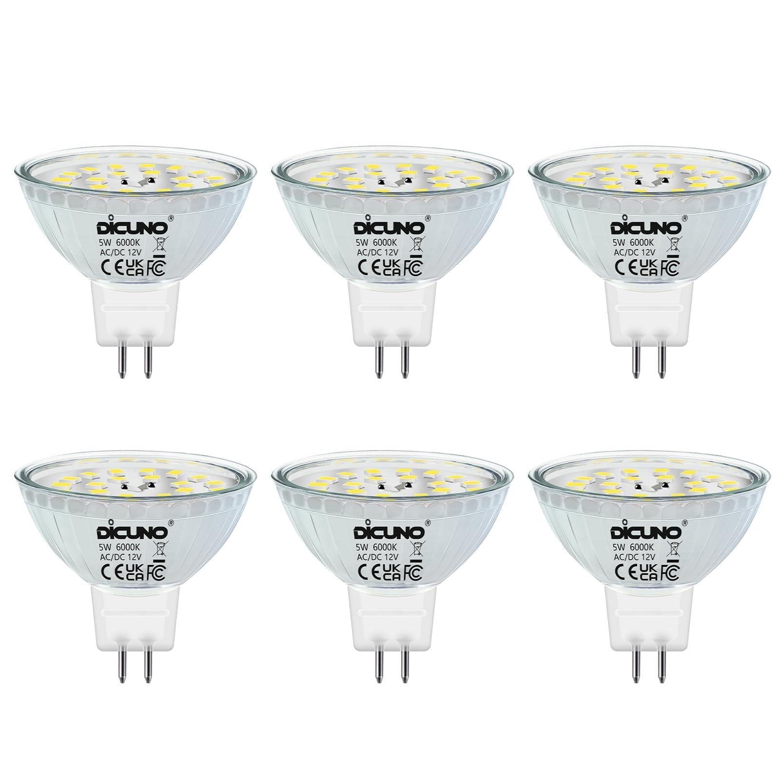 DiCUNO GU5.3 LED Dimmbar 5W, Kaltweiß 6000K, 12V MR16 LED Spot, Ersatz für 50W Halogenstrahler, 500lm, 120°Abstrahlwinkel, CRI 82, Reflektorlampe, Einbaustrahler, 6er Pack