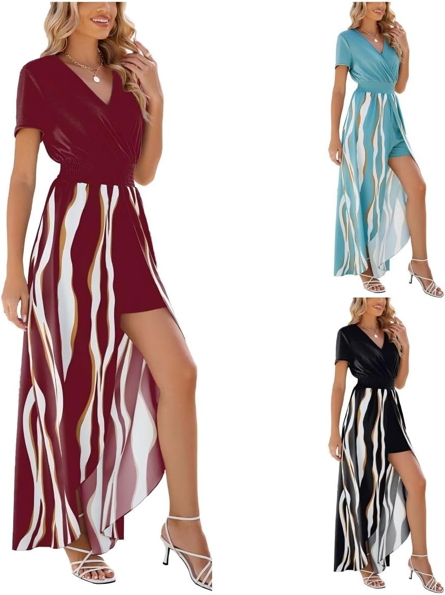 Short Sleeve V Neck Dresses Womens Floral Striped Print Party Dress Pleated Waist-Cinched A-Line Elegant Sundress