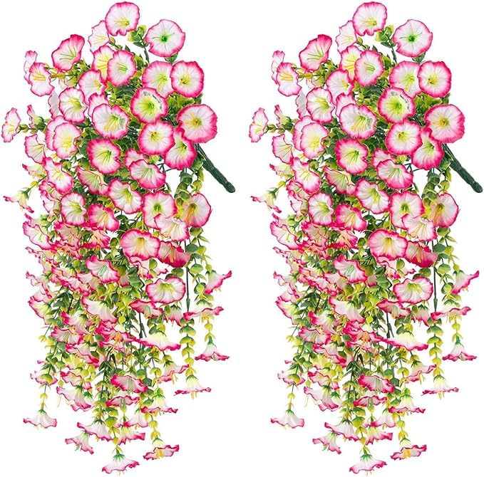HUANYO Vibrant Artificial Hanging Petunias 4 Pack Silk Flowers for Outdoor Decoration, Waterproof Garden Plants for Balcony, Porch, Yard - Easy to Hang, No Maintenance (Pink)