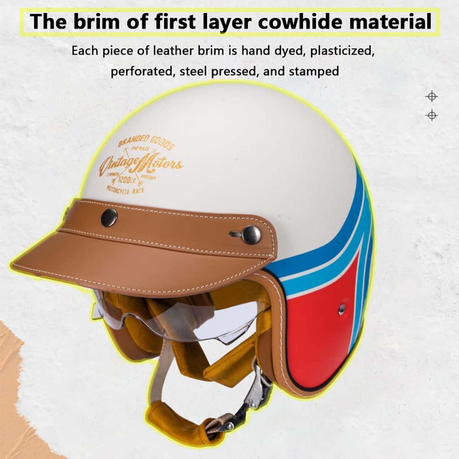 GJJGMGD Volwassen Open Gezicht Vintage 3/4 Motorfiets Half Helm Zonneklep DOT/ECE Goedgekeurde Scooter Retro Helm Bromfiets Cruiser Chopper Jet Helmen voor Volwassen Mannen Vrouwen (55-61cm