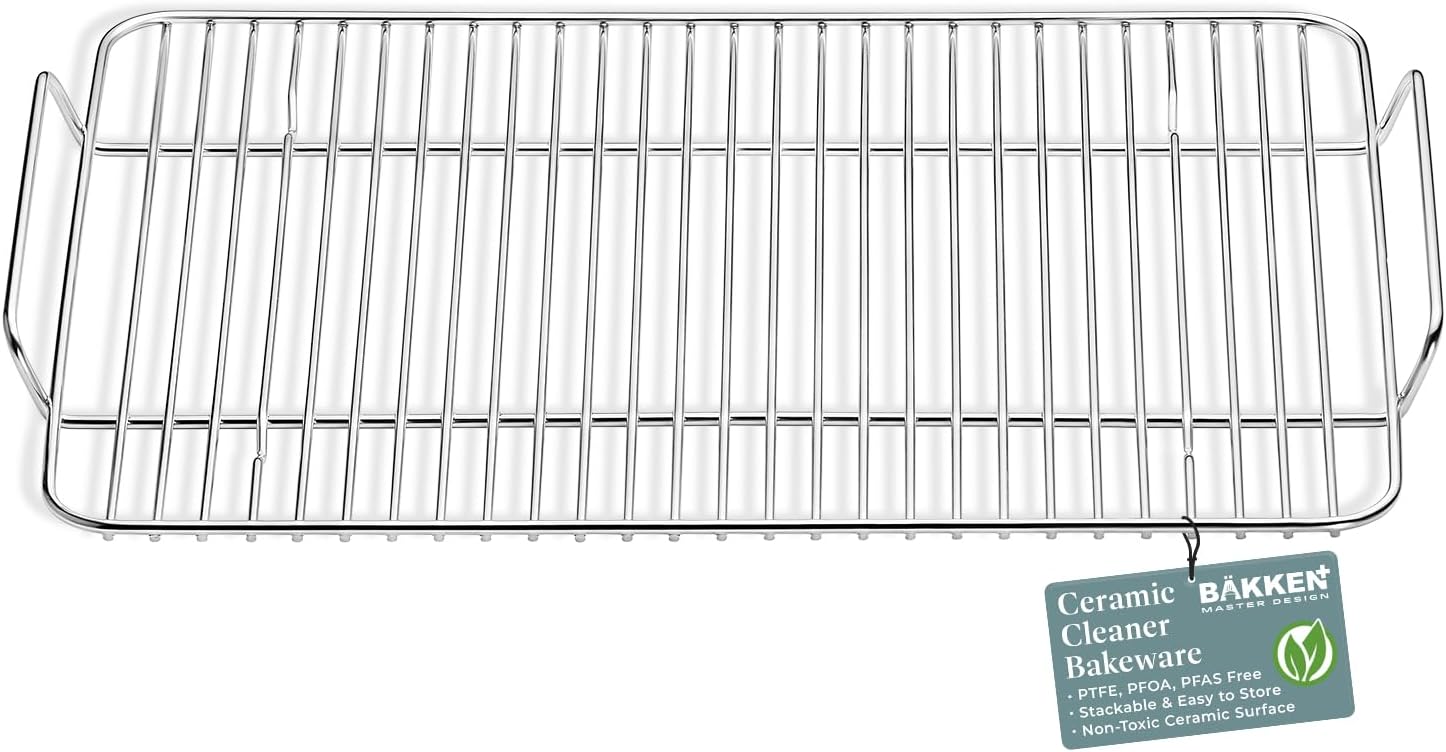 BAKKEN SWISS Stainless Steel Cooling Rack 14.6x10" - Heavy-Duty, Non-Toxic, Durable Quality, Proper Size for Sheet Pan - Food Grade SS304, Dishwasher Safe, Easy Clean
