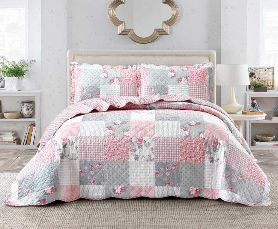 PRIME LINENS Luxury 3 Piece Quilted Printed Bedspread Set Throw Bedding Set Includes Soft Bed Throw Comforter with 2 Pillow Shams Embroidered Machine Wash (Floral Grey B, Double) — image 1