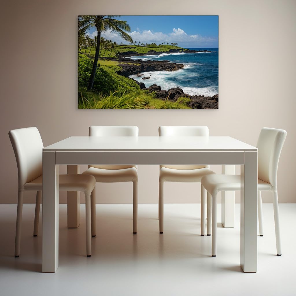 Canvas for Living room. Tropical Serenity: Where Verdant Grasslands Kiss the Azure Ocean, 27 x 18 inch Canvas Wall Art - Contemporary Masterpieces - Botanical Home Decor - 69x46 cm (27x18 inch)