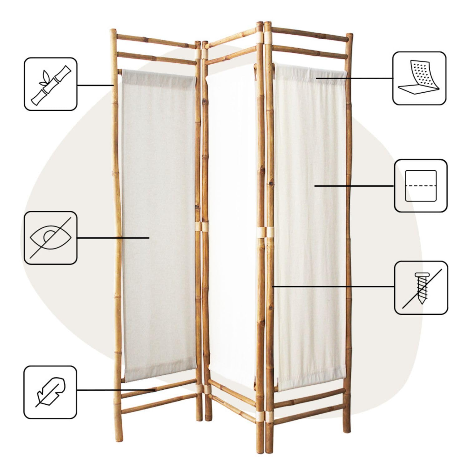 Box & Beyond biombo de Interior - 160 x 160 cm - Separador de ambientes en Lona y bambú Natural - 4 Paneles - biombo para Dormitorio, salón - Mampara móvil