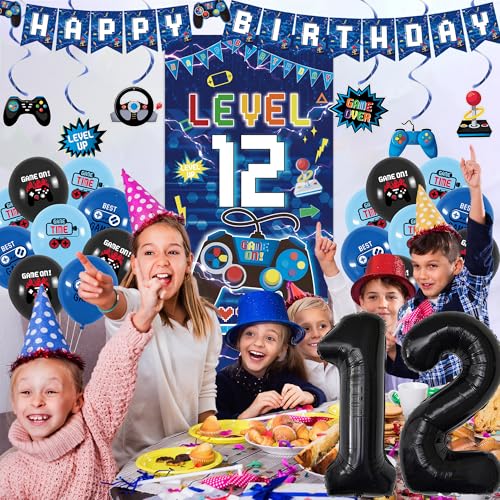 Image of Vlipoeasn Blue 12th Birthday Decorations for Boys, Video Game Level 12 Banner Backdrop Hanging Swirls for 12th Birthday Party, Gamer 12 Years Old Party Supplies
