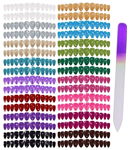 384pcs Glitter Stiletto False Nails Almond Artificial Fake Nails Full Cover Fingernails Nail Tips Kit with a Crystal Nail File for Nail Art Salon DIY Decoration (Glitter)
