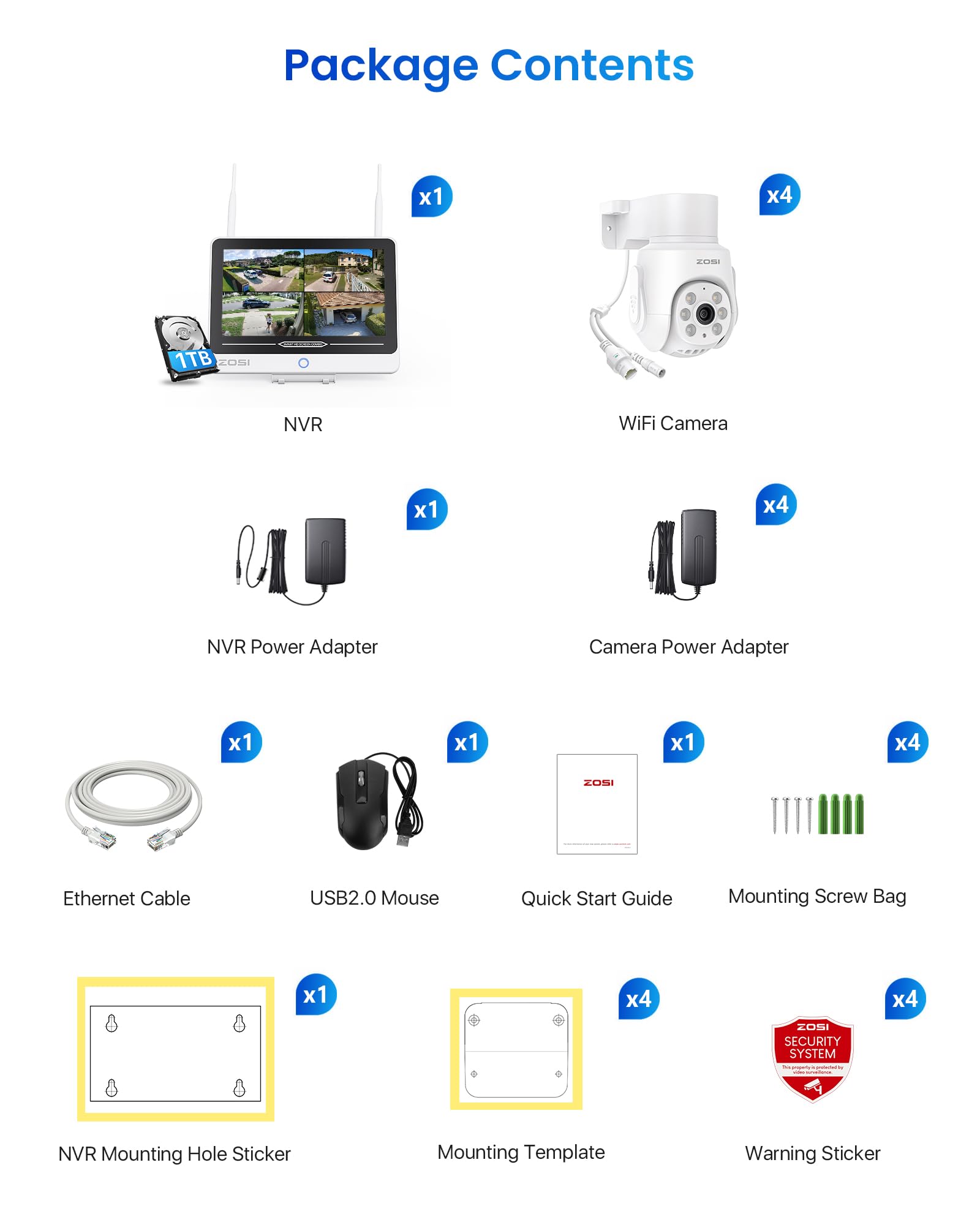 ZOSI 5MP WiFi 6 Kit di Telecamere di Sorveglianza per Esterni con Monitor da 12” 1TB HDD, Telecamera Dome PTZ a 360°, Rilevamento e Tracciamento Persone AI, Audio Bidirezionale