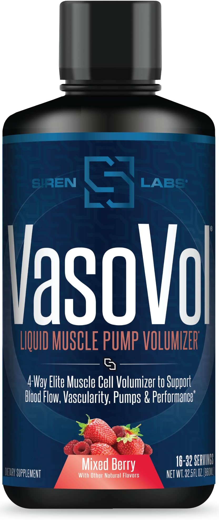 SIRENLABS Vaso-VOL Liquid Muscle Pump Volumizer with Agmatine Sulfate - Pre Workout for Men to take Your Workouts to the Next Level with Vascularity and Performance (Mixed Berry)