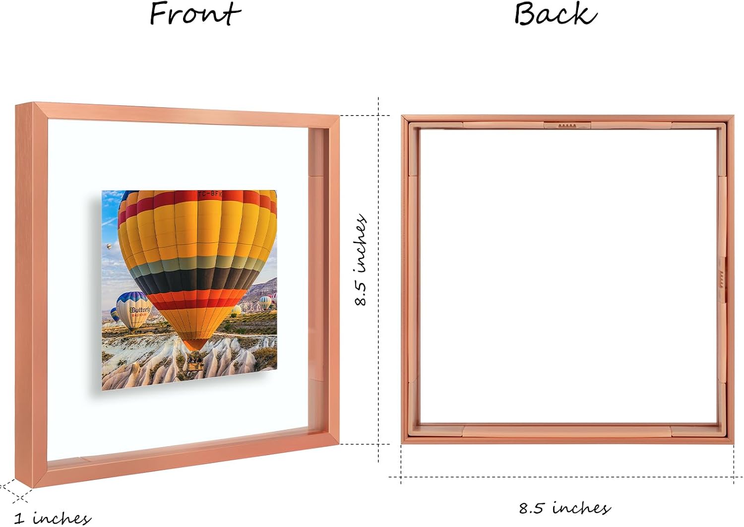 Golden State Art, 8x8 Floating Picture Frame Aluminum, Tempered Clear Glass Displays Any Size Photo Up to 8 x 8, for Home or Gallery Decoration (Rose Gold, 3 Pack)