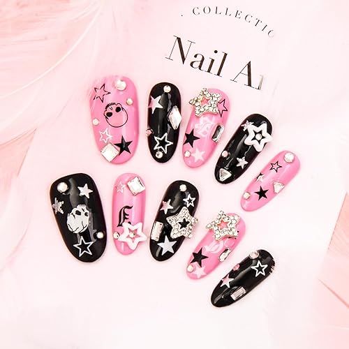 Yasterd Uñas postizas a presión de almendra mediana con diseño de corazón malvado, 100% pintadas a mano, gel reutilizable, acabado UV, uñas postizas