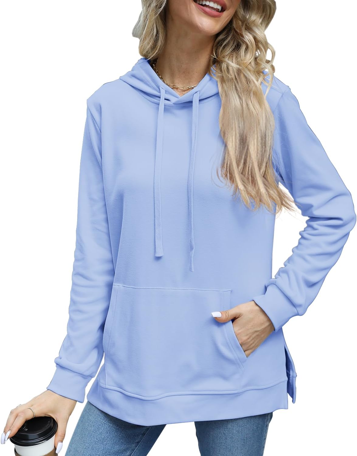 Beimuc Hoodies for Women Fashion Split Hem Drawstring Casual Long Sleeve Sweatshirts Tops with Pockets - Image 2