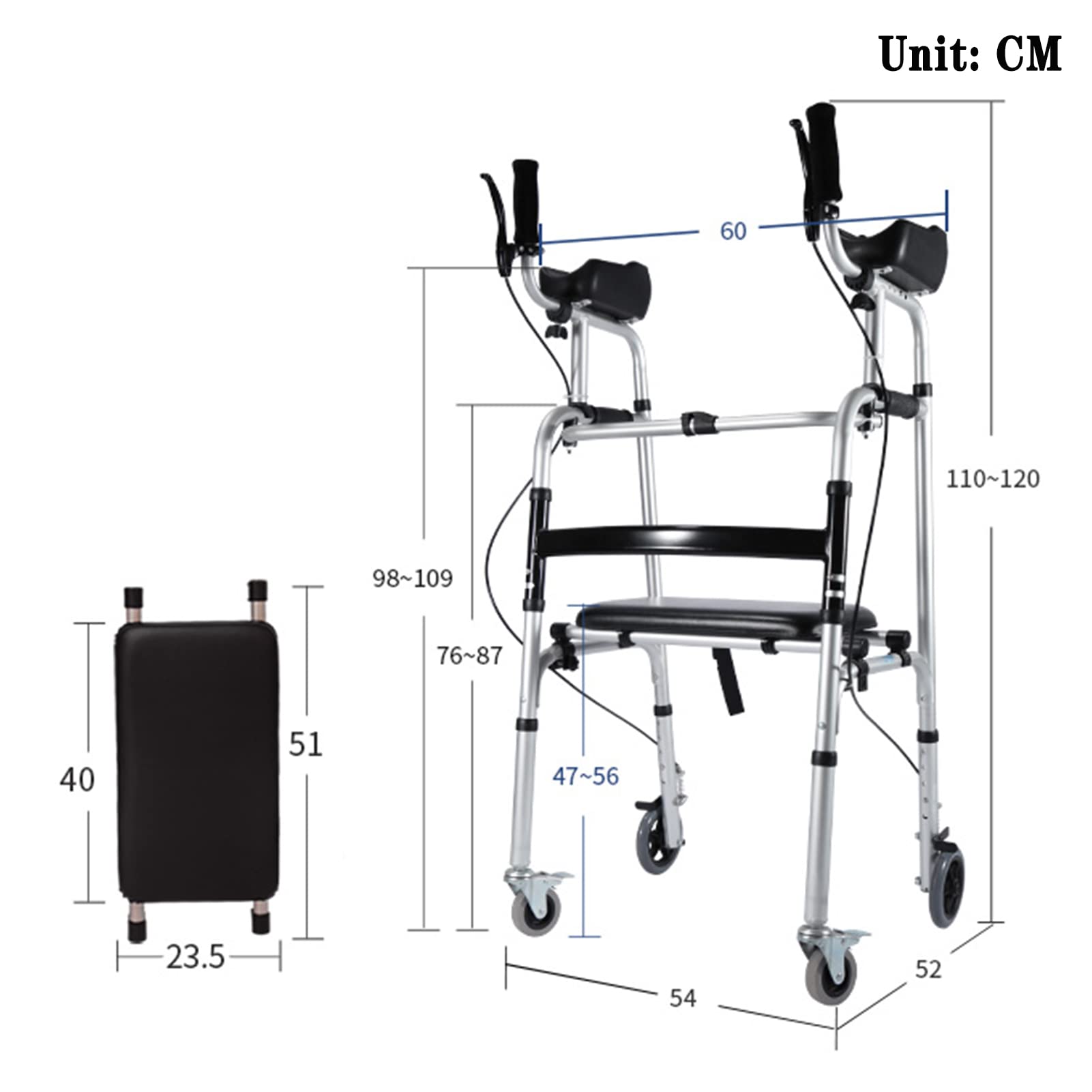 HMTE Andador de antebrazo Andador para Ancianos Aleación de Aluminio Ligero y Plegable Altura Ajustable con Freno de Mano y Asiento Uso en Interiores y Exteriores