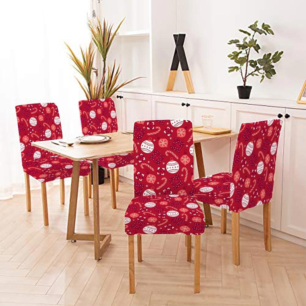 EMMTEEY Christmas Chair Cover Living Room Chair Cover Ball Bauble Candy Snowflake on Red Background Dining Chair Covers Set of 4 for Bedroom Office Dorm Party Restaurants