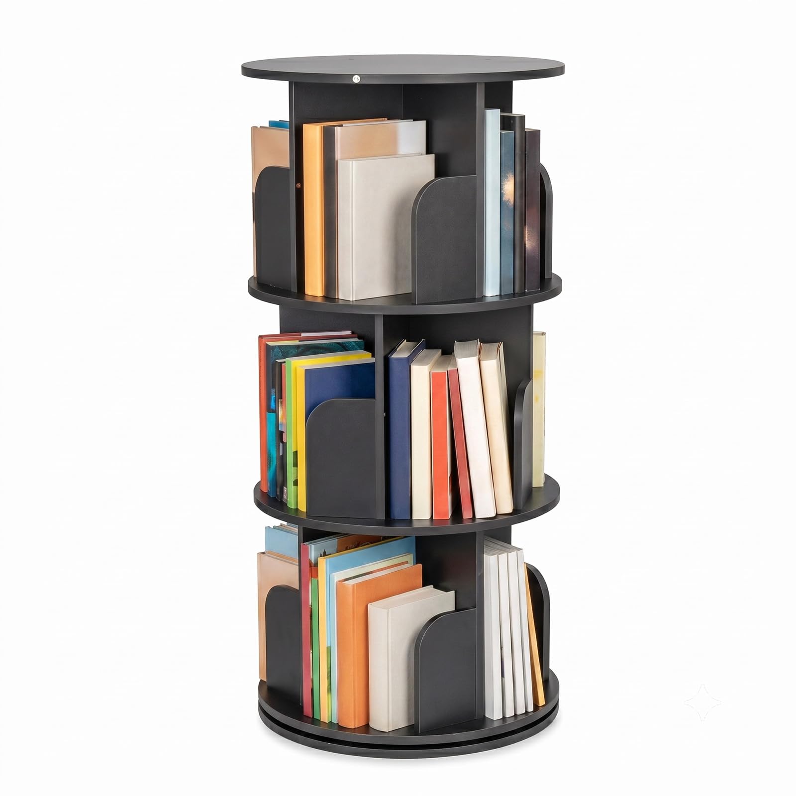 CROWNSHOP Wooden Rotating Bookshelf 3-Tier Pine Storage Shelf Spinning Bookshelf Natural Wood Color, O-Shaped Ball Bearing, Mortise & Tenon + Screw Assembly, 97x46cm (Black 3 Tier)