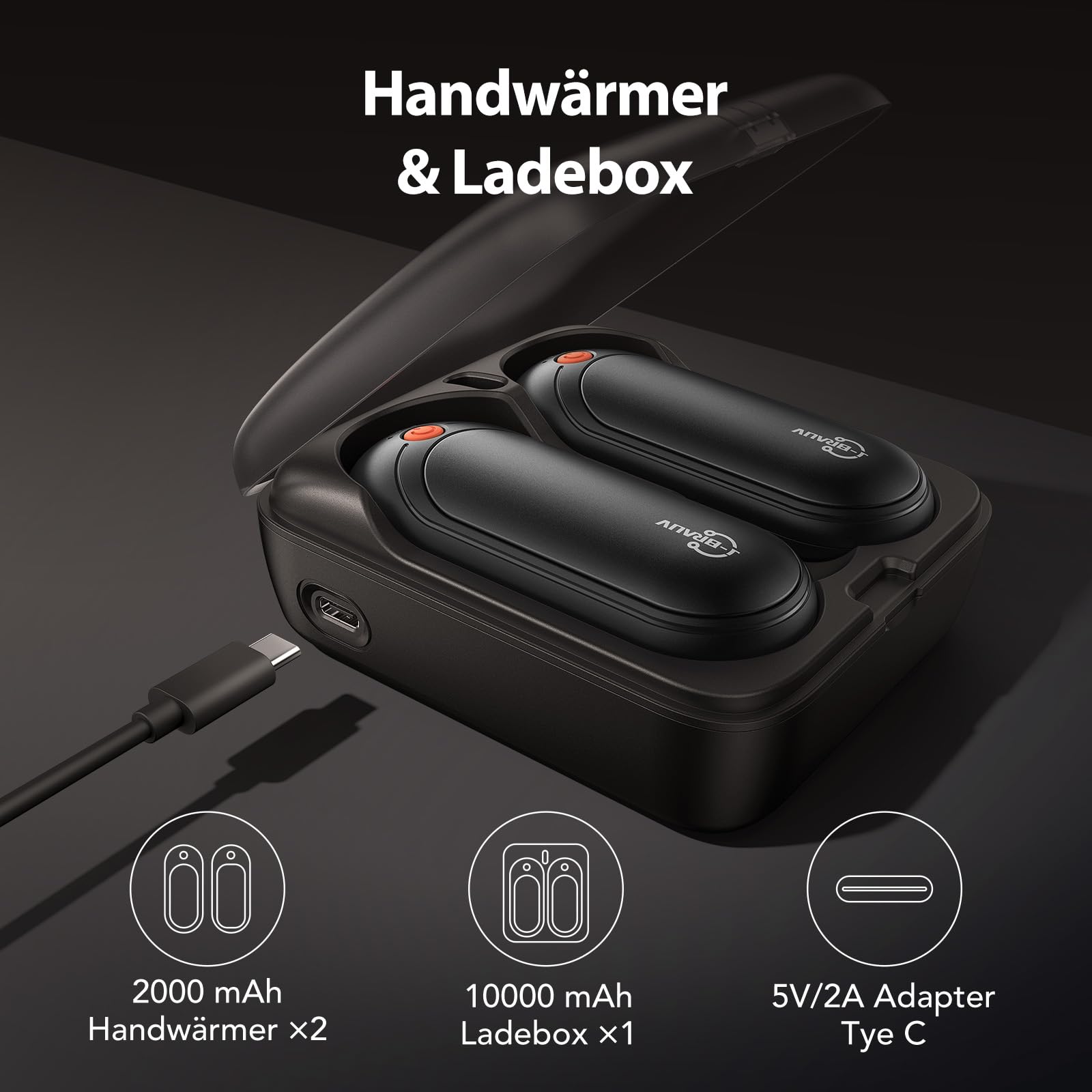 Handwärmer Elektrisch 2er Set, 2000mAh Taschenwärmer Wiederverwendbar Mit 10000mAh Ladebox, 5 Heizstufen Beidseitig Handwärmer USB Bis 24h Heizung, Für Kinder Männer Frauen