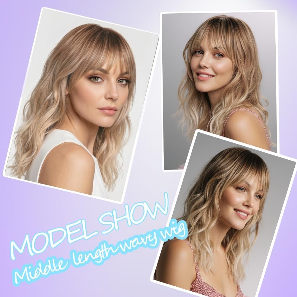 Simkaylee Blonde Perücke mit Pony 40cm Mittellang Gewellt Synthetisches Haar Ombre Blond Dunkler Ansatz Natürliche Haarlinie