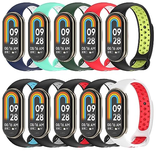 FitTurn 10 Pack Sport Bands Compatible with Xiaomi Mi Band 8/8 NFC Fitness Tracker, Soft Durable Silicone Waterproof Strap Adjustable Wristbands for Xiaomi Mi Band 8 Women Men