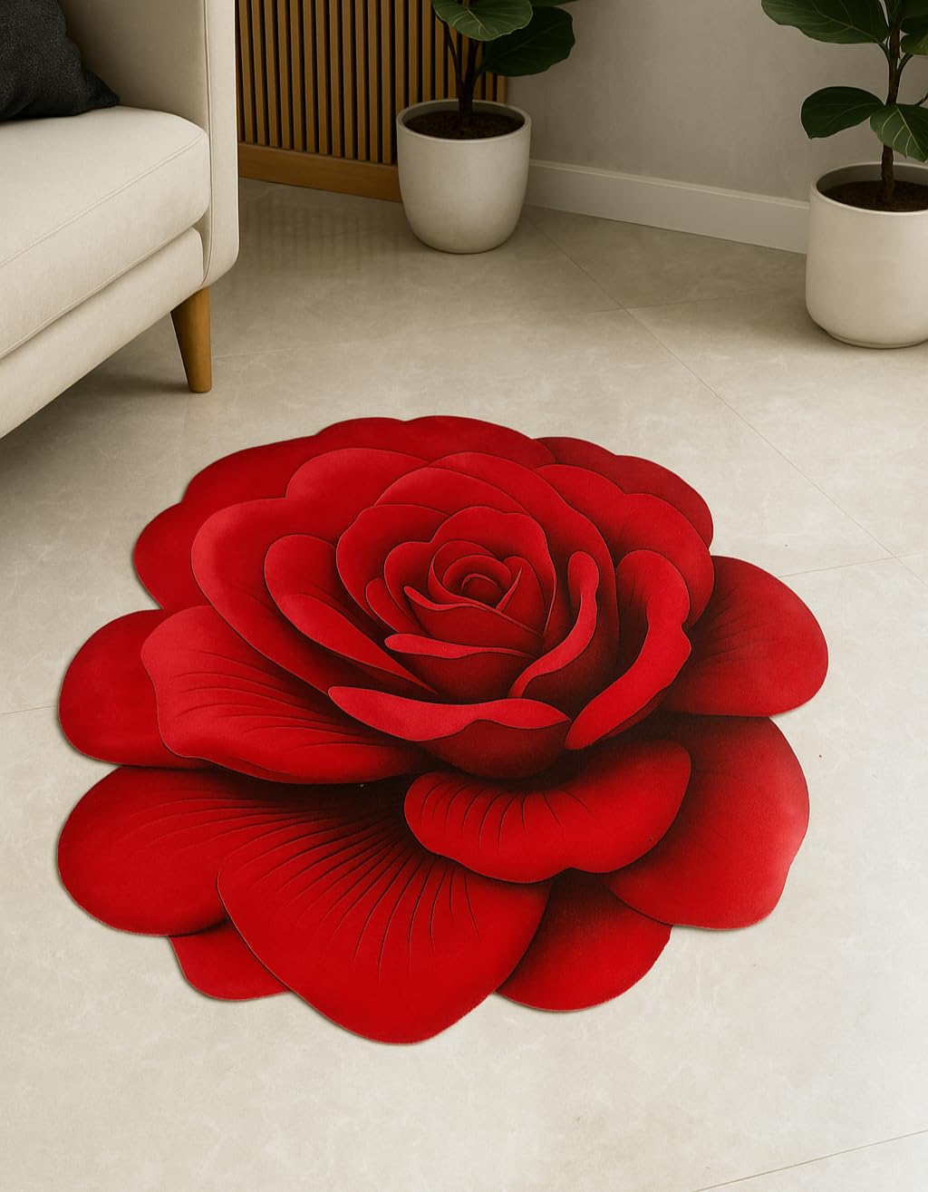 Red Rose Shaped Floor Mat 25X25 inch, 3D Floral Design | Water Absorbent, Anti-Slip Base, Soft Fabric, Living Room & Bedroom, Decorative Carpet-image-3