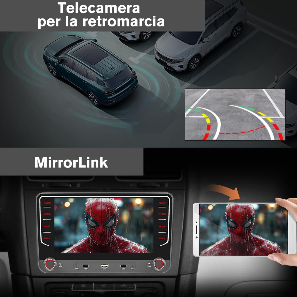 Autoradio 2 DIN per Golf 5 6 Passat Jetta Caddy Polo cc Tiguan EOS Touran T5 Scirocco Wireless CarPlay Android Auto Bluetooth/FM/RDS/USB/EQ/Tipo-C/Comandi al Volante