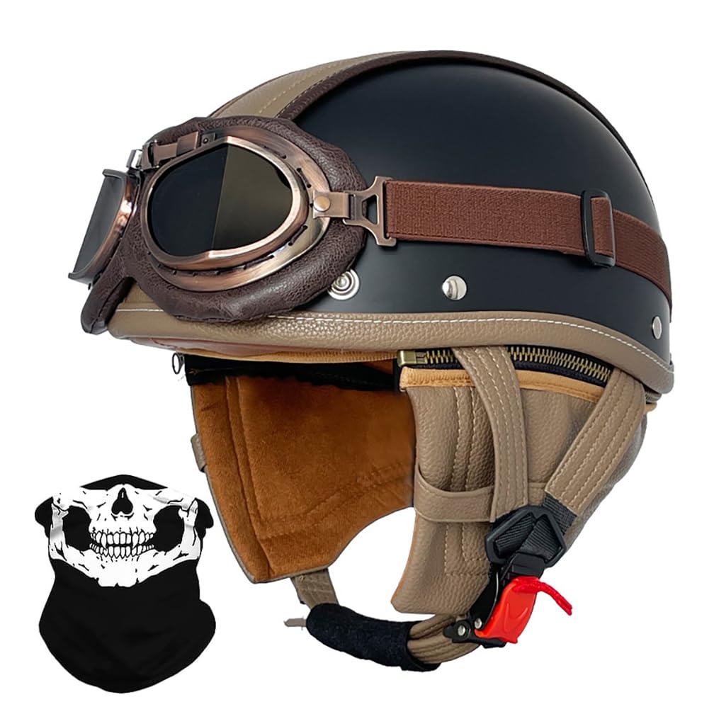 Vintage Deutsche Motorrad Halbhelme mit ECE Genehmigt, Leder Offenem Helm Jet-Helm mit Schutzbrille, Bike Cruiser Chopper Moped Scooter Roller Helm Brain-Cap für Männer Und Frauen