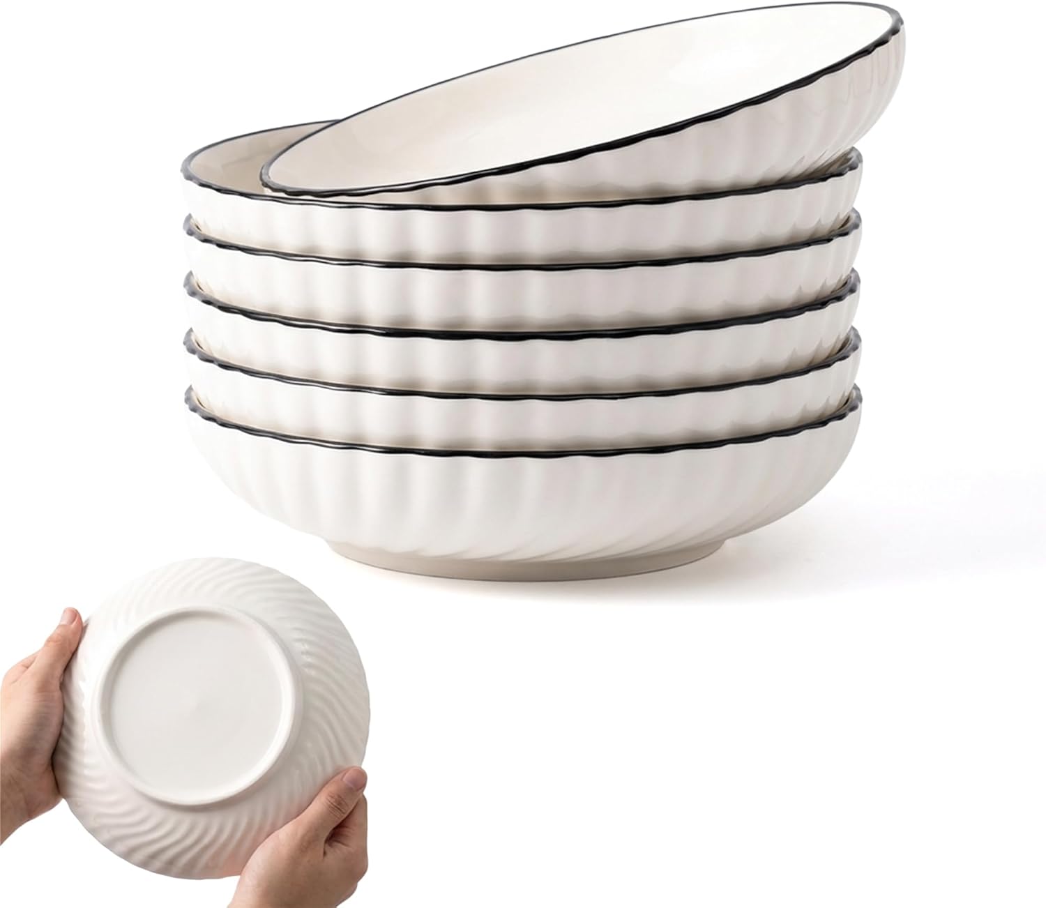 Pasta Bowls Set of 6, 22 oz Ceramic Salad Bowls, 8.3 inch Wide & Shallow Serving Bowls for Pasta, Salad, Soup, Dessert, Microwave and Dishwasher Safe, White Dinner Plates Kitchen Gifts