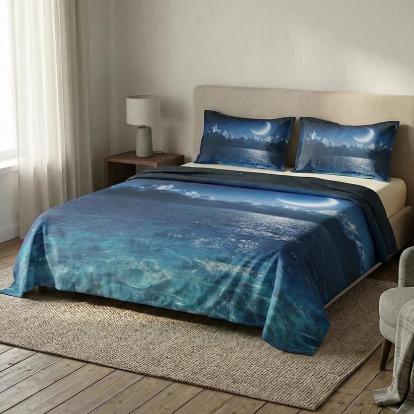 INTRECCI Set Completo Lenzuola Matrimoniali 100% Cotone | Fantasia: Dis.04 Sea Moon | Stampa Digitale di Alta Qualità | Morbido, Traspirante, Per Pelli Sensibili | Resistente in Lavatrice
