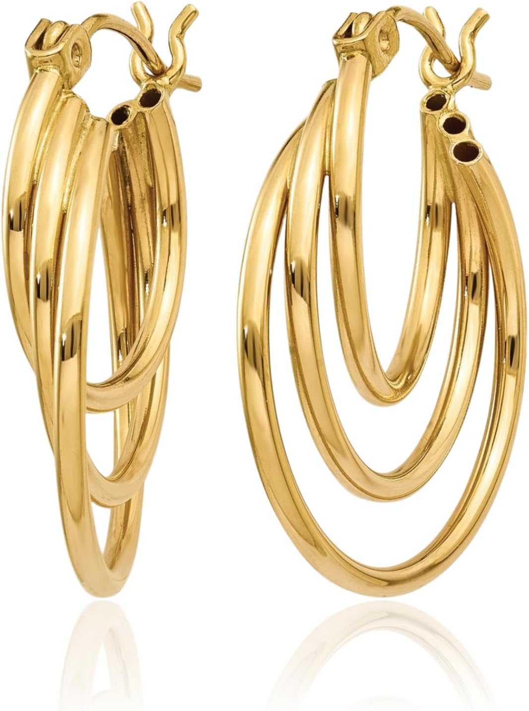 14K Yellow Gold Medium Triple Hoop Earrings Polished Round Classic Wire Clutch For Women Gift Luxury Everyday - Image 5