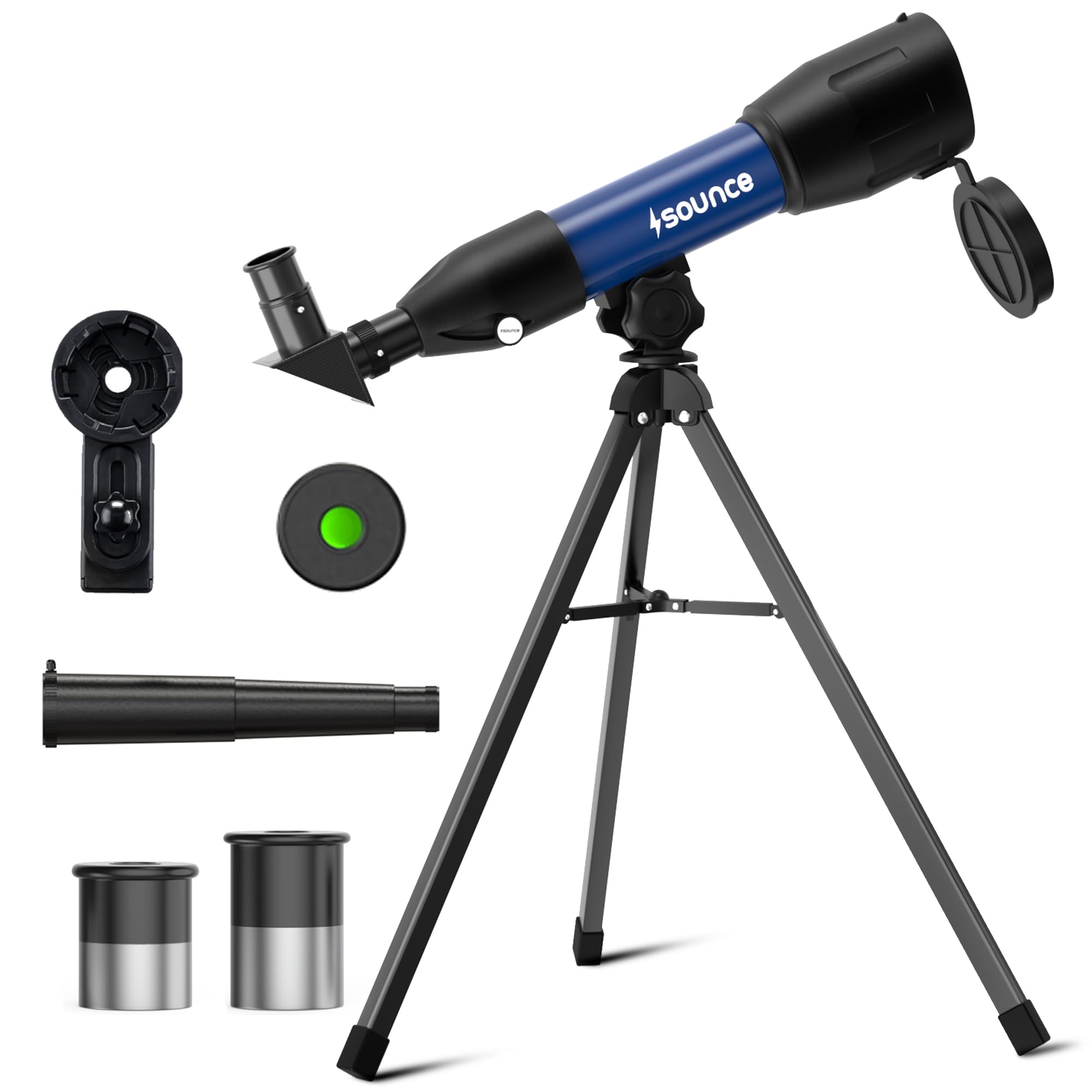 Sounce 50mm Astronomical Land and Sky Refractor Telescope with 28.8x -86.4x Zoom Fully Coated Optics Compatible with Beginner Astronomy Viewing for Kids and Adults Portable Tripod Phone Holder (Black)