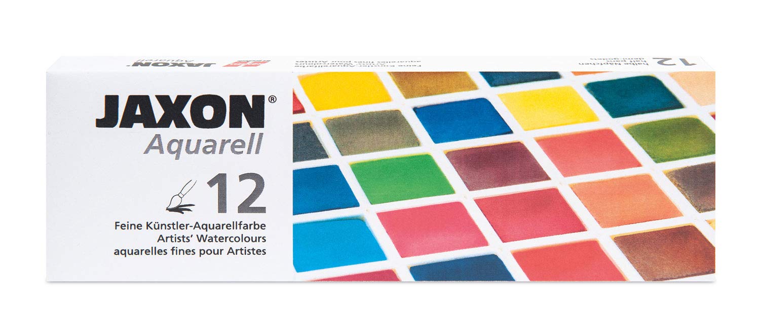 Honsell 89914 - Jaxon Aquarellkasten mit 12 halben Näpfchen, Metallkasten mit 12 feinen Künstler-Aquarellfarben und Platz für weitere 12 halbe oder 6 ganze Näpfchen