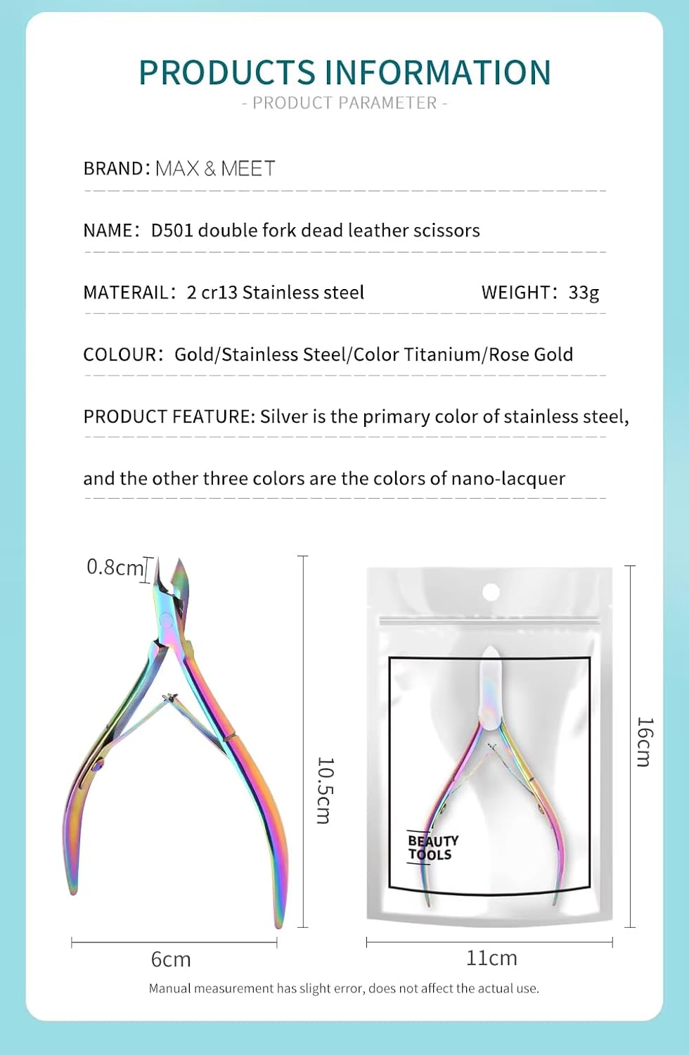Professional Cuticle Nippers, Stainless Steel Double Spring Manicure Trimmer, Rainbow Rose Gold Silver Gold Colors, Curved Grip, Sharp Beveled Blade, Built-in Spring Buckles