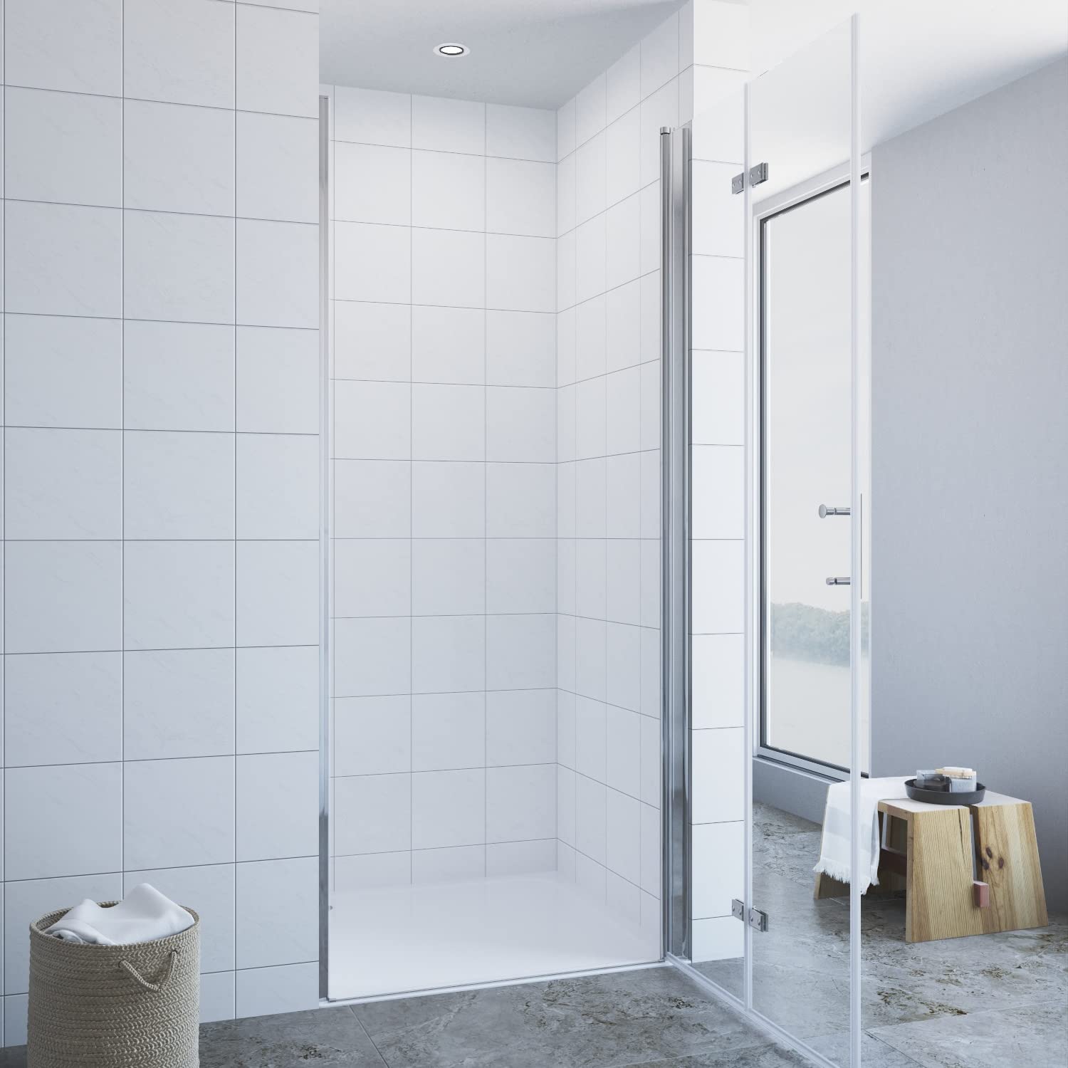 Duschtür klappbar faltbar Glas 90 x 195 cm Wandprofil Chromoptik Nischentür Falttür Dusche Pendeltür Schwingtür ohne Rahmen mit Magnetdichtung Duschtürdichtung unten 6 mm Klarglas NANO-Beschichtung