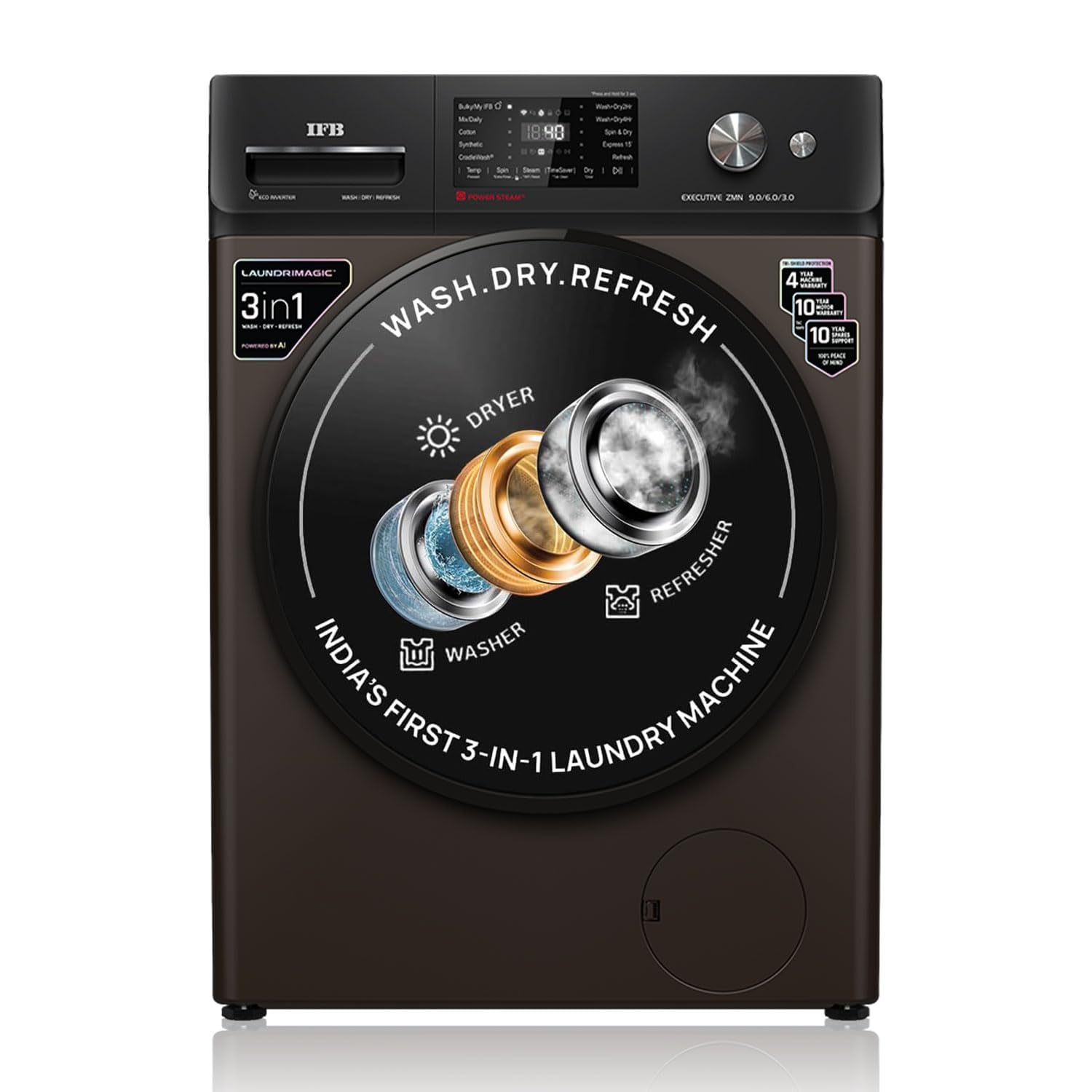IFB 9 Kg/6 Kg/3 Kg 3-in-1, AI Powered, Fully Automatic Washer Dryer Refresher (Laundrimagic®, EXECUTIVE ZMN, 9 Swirl Wash, Eco Inverter Technology, Mocha)