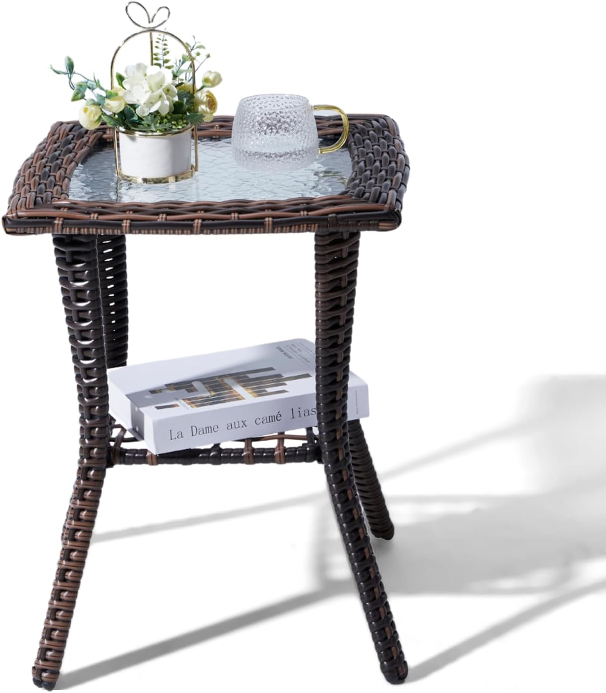 Outvita Outdoor Side Table, Patio Rattan Coffee Table Small End Table with Glass Tabletop and Storage Shelf for Patio Porch Backyard Balcony Living Room