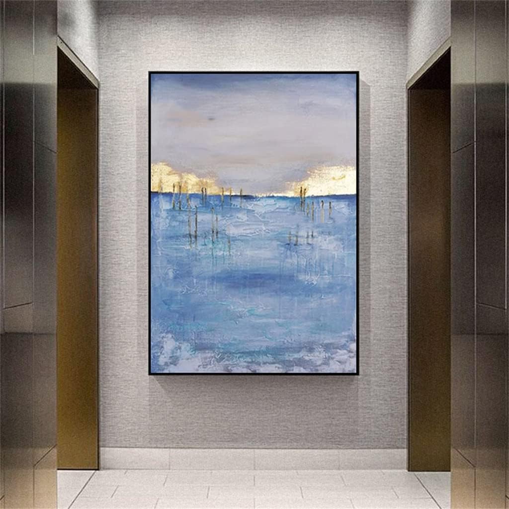 HOUKAI Handmade Blue Sea Gold Foil Oil Painting Wall Art Canvas Painting Abstract Wall Painting Living Room Decoration (Color : Blue, Size : 75x110cm frameless)